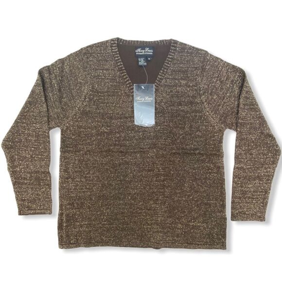 Vintage Terry Lewis Classic Luxuries Brown Metallic Wool Blend V-Neck Sweater - Picture 13 of 13
